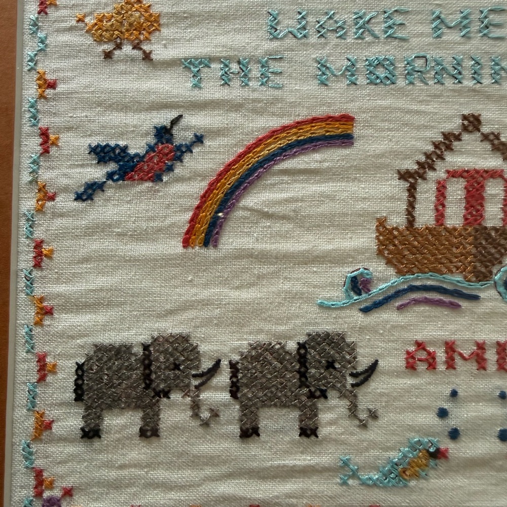 Now I Lay Me Down To Sleep Handmade Cross Stitch Noah's Ark Framed Sampler - Picture 3 of 7